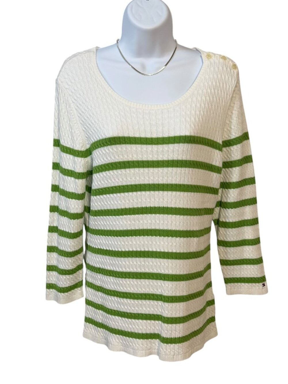 Tommy Hilfiger Vintage Y2K White Green Cable Knit Nautical Stripe Sweater XL